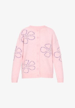 Rosa Knopfleisten-Cardigan mit langen Ärmeln, verziert mit großen lila und weißen Perlenblumenmustern auf der Vorderseite und den Ärmeln.