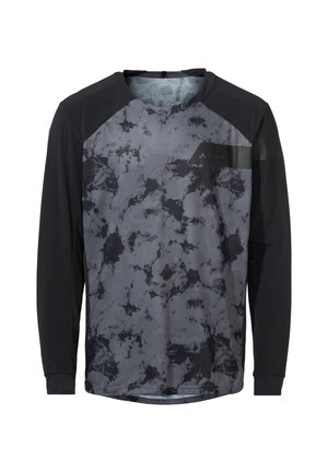 Cămașă cu mânecă lungă, cu un model de marmură în nuanțe de negru și gri, având mâneci raglan negre și un mic buzunar pe piept. Material texturat.