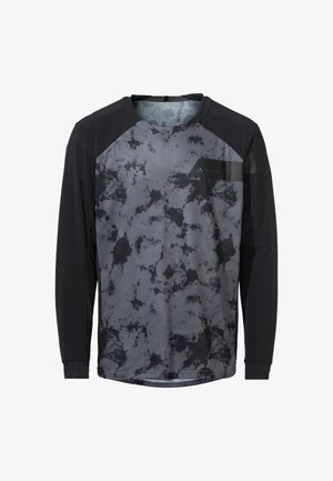 Langermet skjorte med svart og grå marmor mønster, med svarte raglanermer og en liten brystlomme. Teksturert stoff.