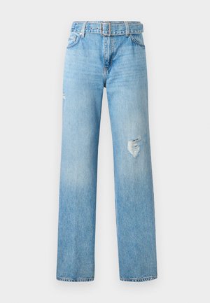 Lyseblå denimjeans med vide ben, som har slitte detaljer på knærne og en klassisk femlommedesign med beltehanker.