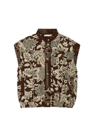 Veste sans manches marron avec motifs floraux et feuillages beiges, boutons sur le devant, col montant et poches latérales.