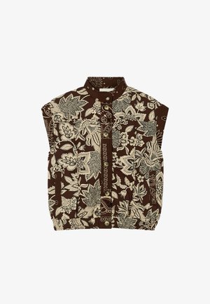 Veste sans manches marron avec motifs floraux et feuillages beiges, boutons sur le devant, col montant et poches latérales.