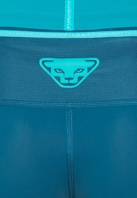 Tyrkysové sportovní šortky vyrobené z hladkého materiálu, s vrchní částí z prodyšné síťoviny a výrazným tyrkysovým logem stylizované zvířecí tváře na přední straně.