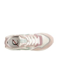 Sneaker con un design in materiali misti; presenta accenti rosa, bianchi e verdi, una chiusura con lacci e un collare imbottito. Suede testurizzato e mesh.