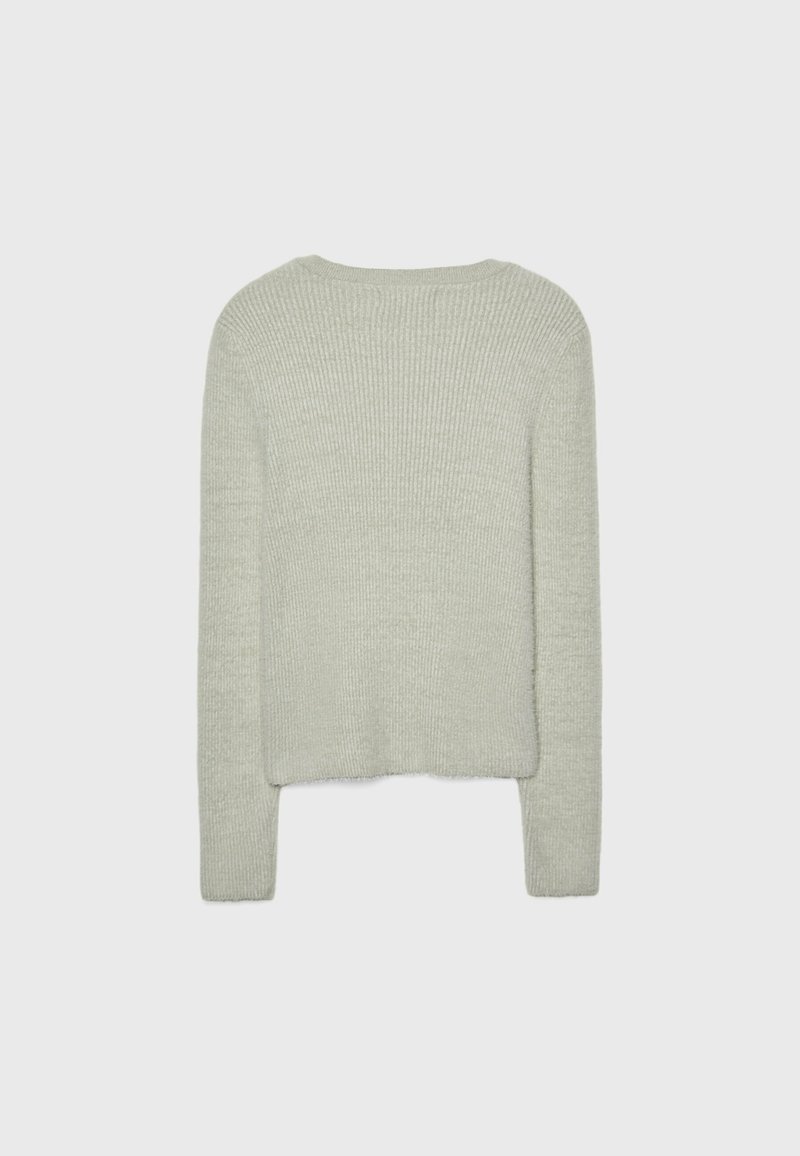 Helles grünes gestricktes Sweatshirt mit strukturiertem Rippdesign, rundem Halsauschnitt und langen Ärmeln. Verfügt über einen cropped Saum und einen weichen, gemütlichen Stoff.