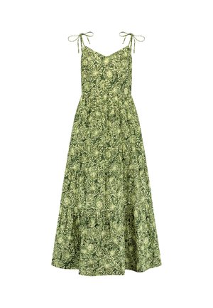 Zelena cvetna midi obleka z nastavljivimi tankimi naramnicami, prilegajočim bodijem in slojevskim krilom, ki vsebuje zapletene cvetlične vzorce v svetlo zeleni barvi.
