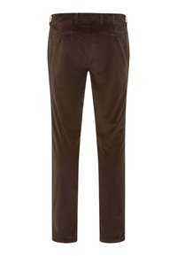 Bruine corduroy broek met een rechte snit, voorzien van twee achterzakken en een zachte, gemêleerde stof.