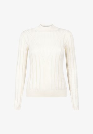Weißer gerippter Pullover mit einem Mock-Neck, slim fit und vertikalem Streifenmuster. Hergestellt aus weichem Strickstoff, zeichnet sich durch ein strukturiertes Design aus.