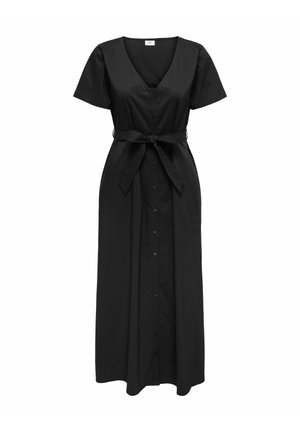 Mustast lühikeste varrukatega maksikleit V-kaeluse, eest nööbitava ja vööga, valmistatud kergest kangast.