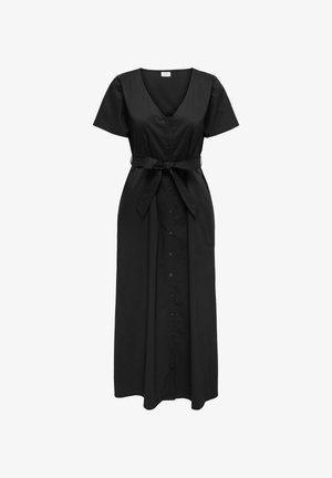 Mustast lühikeste varrukatega maksikleit V-kaeluse, eest nööbitava ja vööga, valmistatud kergest kangast.