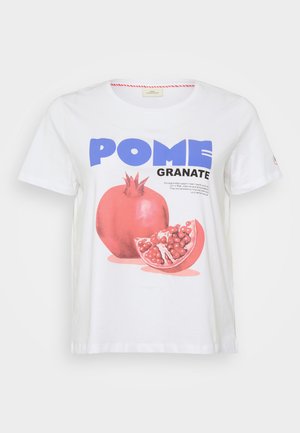 Fehér pamut póló, nagyméretű gránátalma grafikával, kék és fekete színű "POME GRANATE" felirattal. Rövid ujjú.