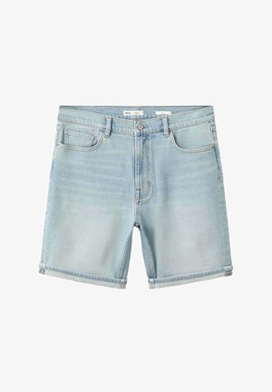 Pantaloncini in denim azzurro chiaro con tasche frontali e taschino portamonete, passanti per cintura, chiusura con bottone e orli ripiegati.