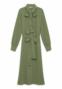 Olivgrünes, langärmliges Kleid mit Binder am Hals und in der Taille, aus glattem Stoff. Es zeichnet sich durch eine lockere Passform und geknöpfte Manschetten aus.