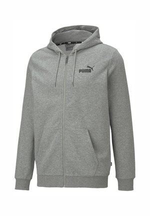 Sweat à capuche zippé gris clair avec poches avant, cordon à la capuche, poignets et ourlet côtelés, et logo Puma noir sur la poitrine gauche.