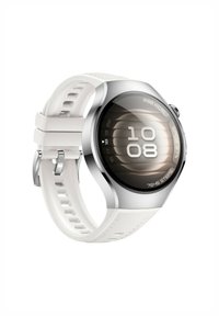 Smartwatch mit einem runden, dunklen Display, silberner Lünette und einem weißen Silikonarmband mit strukturiertem Oberfläche und verstellbarem Verschluss.