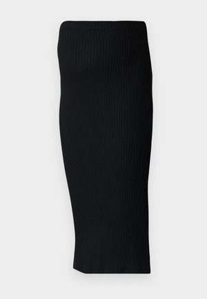 Black ribbed knit midi skirt with a fitted silhouette and a wide waistband. Smooth texture, no visible patterns or accents.