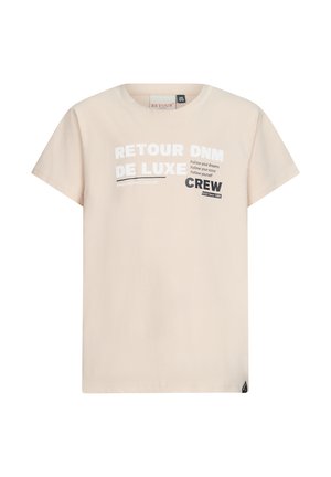 T-shirt di cotone beige chiaro con maniche corte e scollatura rotonda. Presenta grafiche testuali multicolori sulla parte anteriore, inclusi dettagli del marchio e dello slogan.
