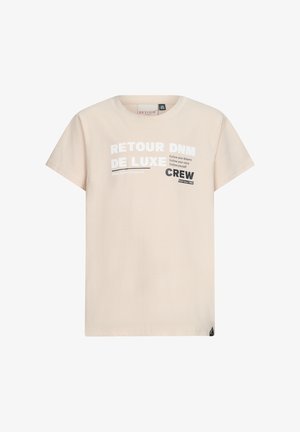 Lichtbeige katoenen t-shirt met korte mouwen en een ronde halslijn. Heeft kleurrijke tekstgraphics op de voorkant, inclusief merk- en sloganinformatie.