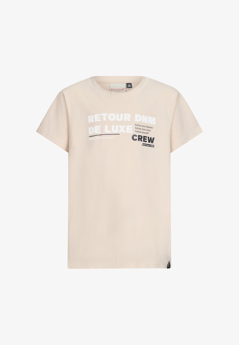 Lichtbeige katoenen t-shirt met korte mouwen en een ronde halslijn. Heeft kleurrijke tekstgraphics op de voorkant, inclusief merk- en sloganinformatie.