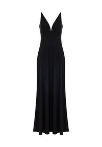 Schwarzes, bodenlanges Kleid mit tiefem V-Ausschnitt und dünnen Trägern. Verfügt über ein gerafftes Oberteil und dekorative Beschläge in der Mitte. Glatte Textur.