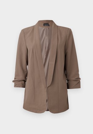 Brown, lightweight blazer with a notched lapel and three-quarter sleeves. Smooth texture, open front, and tailored design with no fastenings.