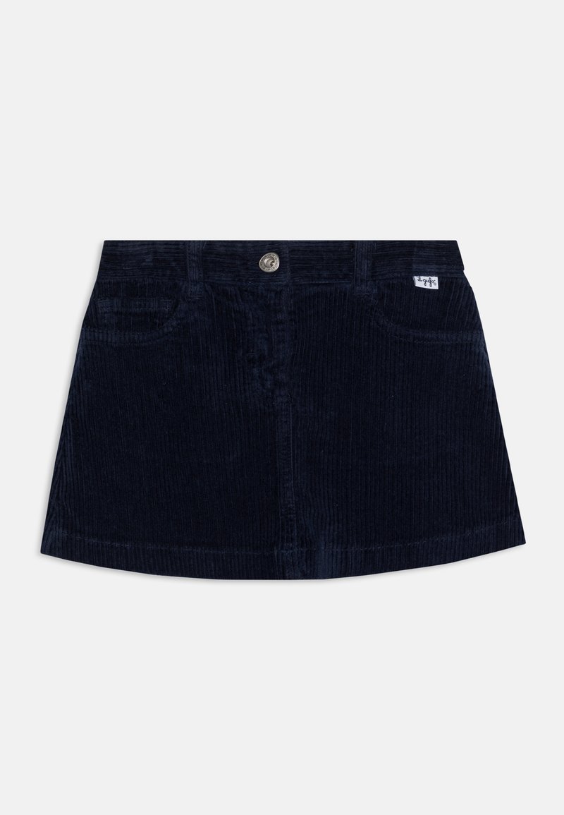 Tumši zila korduroja svārki ar pogu aizdari, divām priekšējām kabatām un smalku ribotu tekstūru. Klasiska A-formas siluets ar tīru apakšmalu.