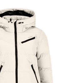 Hellgraue Daunenjacke mit einem Reißverschluss an der Vorderseite, schwarzen Reißverschlussakzenten, verstellbarem Kapuzen und einer Brusttasche. Glatte, gesteppten Textur.