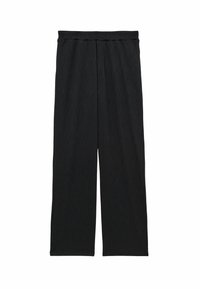 Zwarte, wijde broek gemaakt van gestructureerde stof met een elastische tailleband en plooien aan de voorkant. Geen zakken of zichtbare hardware.