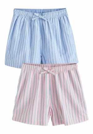 Zwei Paar gestreifte Baumwollshorts, eine hellblau und eine rosa, jeweils mit einem elastischen Bund und einer dekorativen Schleife.