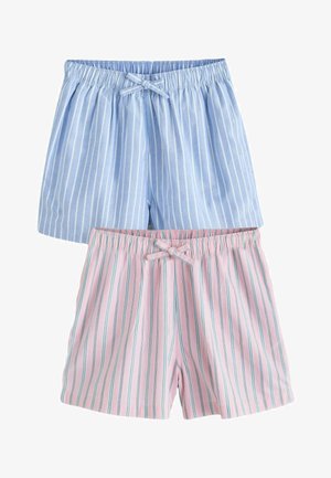 Dos pares de pantalones cortos de algodón a rayas, uno azul claro y otro rosa, cada uno con una cintura elástica y un lazo decorativo.