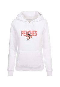 Biała bluza z kapturem z kieszenią typu kangur, z napisem "WERSKIE" w różowym kolorze oraz grafiką brzoskwini z zielonymi liśćmi. Miękka tkanina i kaptur ze sznurkiem.