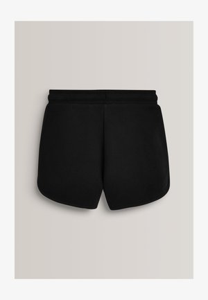 Črne atletske kratke hlače iz mehkega materiala. Imajo širok elastičen pas in zaobljene robove pri nogah. Preprost dizajn, brez vidnih vzorcev.