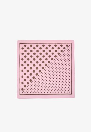 Roza kvadratna ruta z rjavimi pikami, na eni polovici večjimi pikami, na drugi manjšimi, obrobljena z ozkim rjavim robom.