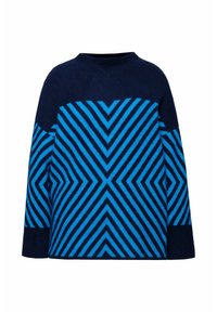 Pull en maille bleu marine et bleu vif avec un motif géométrique en chevrons. Encolure ronde, manches longues et coupe décontractée. Texture douce.