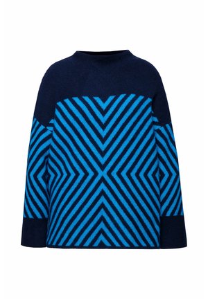 Suéter de punto en azul marino y azul brillante con un patrón geométrico en forma de chevron. Escote redondo, mangas largas y un corte relajado. Textura suave.