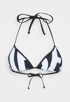 Zwart-witte triangulaire bikini-top met gedurfde geometrische patronen. Verstelbare strikjes bij de nek en op de rug voor een aangepaste pasvorm. Zachte stof.