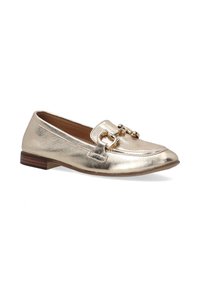 Gold metallic flat shoe with a rounded toe, leather-like texture, and decorative chain detail on the upper. Features a low wooden heel.