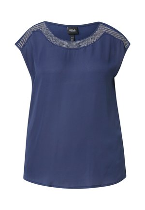 Tumi sininen pusero, jossa on sileä pinta, pyöreä kaula-aukko ja lyhyet hihattomat hihat. Koristeena kaula-aukossa on pieniä strasseja.