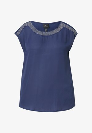 Navyblauwe blouse met een zachte textuur, ronde hals en korte kapmouwen. Bevat een decoratief patroon van kleine rhinestones langs de halslijn.