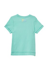 Mintgroene T-shirt van zacht katoen. Heeft korte mouwen, een ronde halslijn en de tekst "ROARING ENGINES DUSTFUL" in kleurrijke druk.