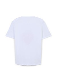 T-shirt bianco in cotone con maniche corte, scollatura rotonda e una vestibilità morbida e rilassata. Tessuto liscio e colore uniforme, senza motivi o accessori visibili.