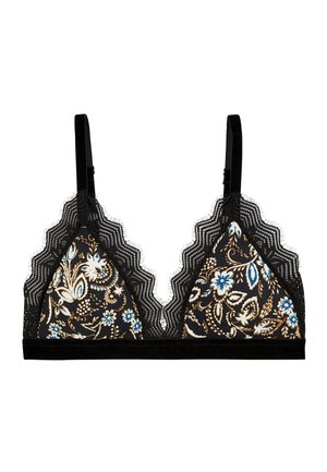 Bralette en dentelle noire avec imprimé floral bleu et beige. Bords à festons et bretelles réglables. Texture lisse avec des détails intricats.