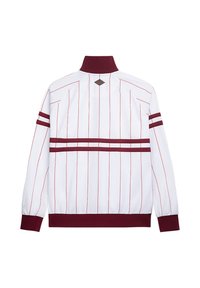 Hvit jakke med vertikale burgunderstriper, ribbet burgunderkrage og mansjetter, og et diamantlogo på ryggen. Har en avslappet passform.