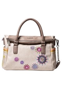 Beżowa torebka z ekoskóry z kwiatowym haftem w żywych kolorach. Posiada podwójne uchwyty, zamek błyskawiczny na górze oraz odpinany łańcuszek.