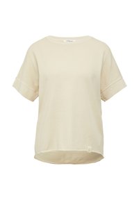 Lichtbeige t-shirt met korte mouwen, een ronde halslijn, een ontspannen pasvorm en een iets gebogen zoom. Bevat zichtbare stiksels en een label.