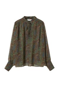 Blouse à manches longues avec un motif paisley vert, dotée d'un col rond et d'un détail à nouer. Fabriquée en tissu léger à la texture douce.
