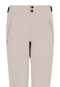 Helle beigefarbene Hose mit zwei vorderen Taschen, einem Reißverschluss und zwei schwarzen Knopfverschlüssen, aus einem glatten, dehnbaren Stoff.