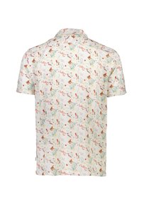 Camisa de manga corta con un fondo blanco, que presenta un colorido patrón floral submarino y un diseño de cuello clásico.