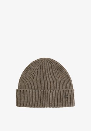 Brūns adīts bobby ar ribota tekstūru un salocītu maliņu. Saturs neliels logotipa uzlīmes sānos.