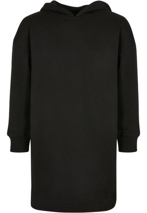 Vestito felpa nero con cappuccio, vestibilità comoda, maniche lunghe, polsini a coste e una texture liscia e morbida. Nessun motivo o accento aggiuntivo.